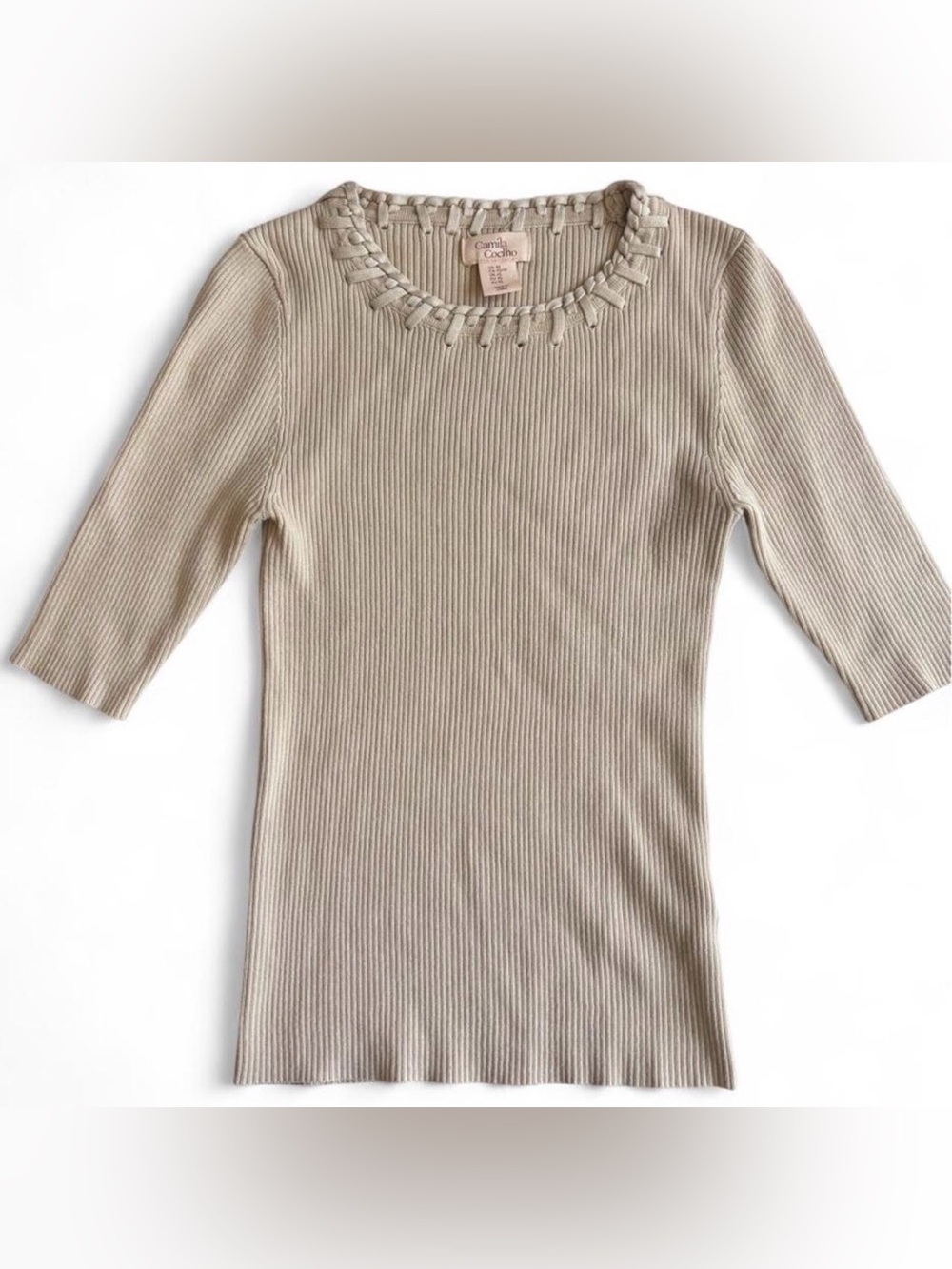 Camila Coelho beige ribbed knit top, size XS